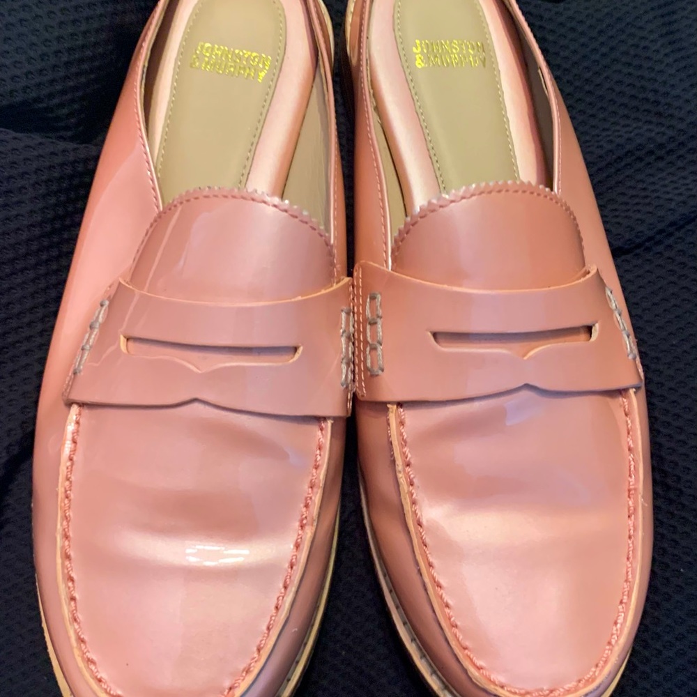 Pink patent leather slide penny loafers